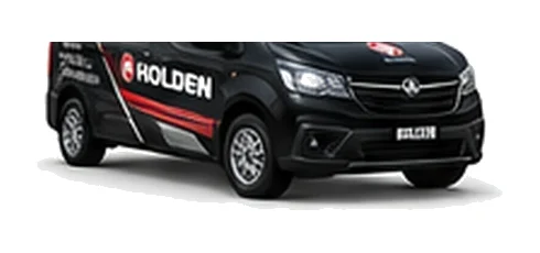 Holden Trafic in black with custom van vinyl graphics, front three-quarter view.