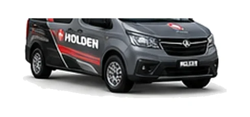 Holden Trafic in grey with custom van vinyl graphics, front three-quarter view.