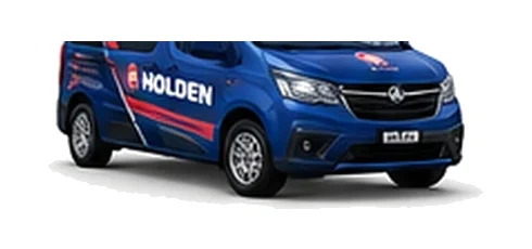 Holden Trafic in blue with custom van vinyl graphics, front three-quarter view.