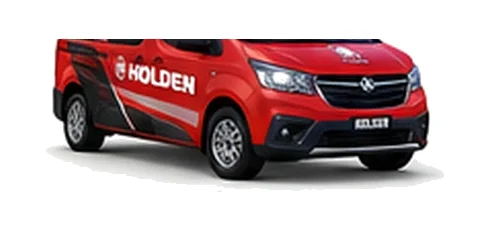 Holden Trafic in red with custom van vinyl graphics, front three-quarter view.