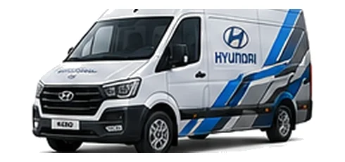 Hyundai H350 in white with custom van vinyl graphics, front three-quarter view.