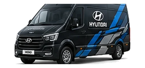 Hyundai H350 in black with custom van vinyl graphics, front three-quarter view.