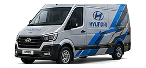 Hyundai H350 in silver with custom van vinyl graphics, front three-quarter view.