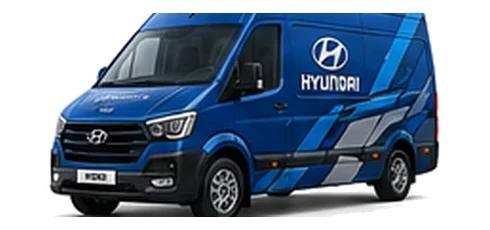 Hyundai H350 in blue with custom van vinyl graphics, front three-quarter view.