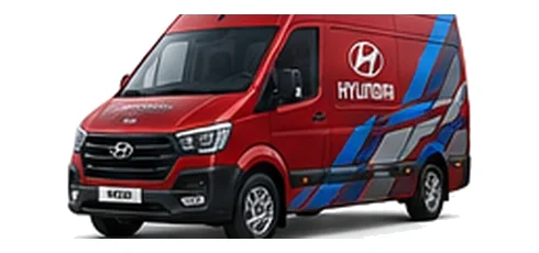 Hyundai H350 in red with custom van vinyl graphics, front three-quarter view.