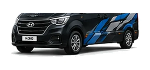 Hyundai iLoad in black with custom van vinyl graphics, front three-quarter view.