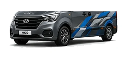 Hyundai iLoad in grey with custom van vinyl graphics, front three-quarter view.