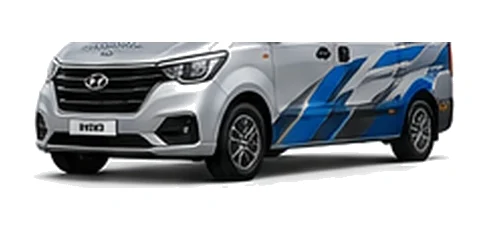Hyundai iLoad in silver with custom van vinyl graphics, front three-quarter view.