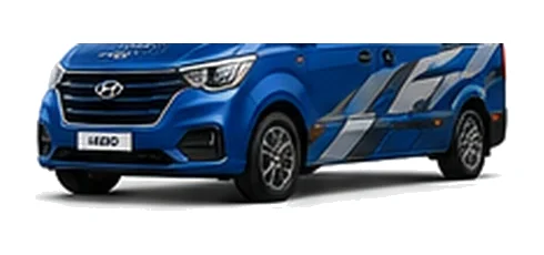Hyundai iLoad in blue with custom van vinyl graphics, front three-quarter view.