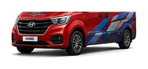 Hyundai iLoad in red with custom van vinyl graphics, front three-quarter view.