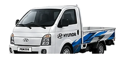 Hyundai Porter in white with custom van vinyl graphics, front three-quarter view.