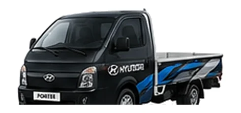 Hyundai Porter in black with custom van vinyl graphics, front three-quarter view.