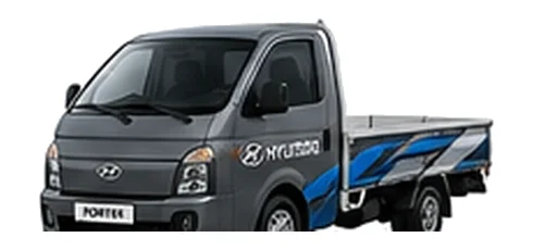 Hyundai Porter in grey with custom van vinyl graphics, front three-quarter view.