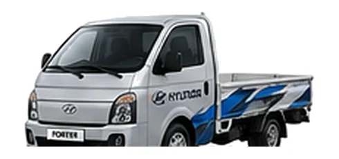 Hyundai Porter in silver with custom van vinyl graphics, front three-quarter view.