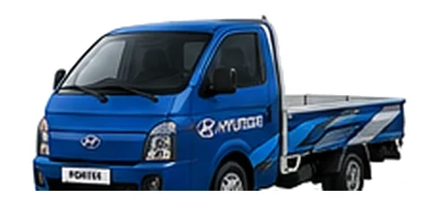 Hyundai Porter in blue with custom van vinyl graphics, front three-quarter view.