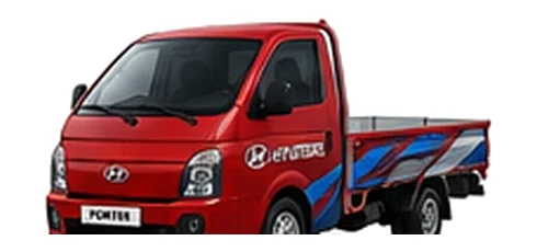 Hyundai Porter in red with custom van vinyl graphics, front three-quarter view.