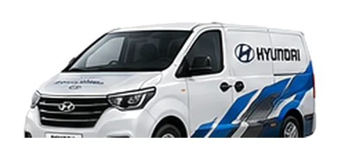 Hyundai Starex Panel Van in white with custom van vinyl graphics, front three-quarter view.