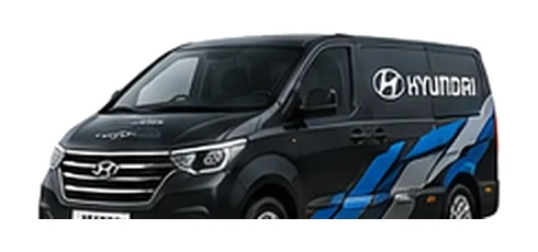 Hyundai Starex Panel Van in black with custom van vinyl graphics, front three-quarter view.