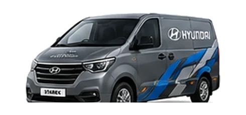 Hyundai Starex Panel Van in grey with custom van vinyl graphics, front three-quarter view.