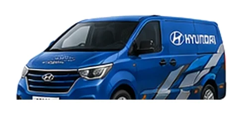Hyundai Starex Panel Van in blue with custom van vinyl graphics, front three-quarter view.