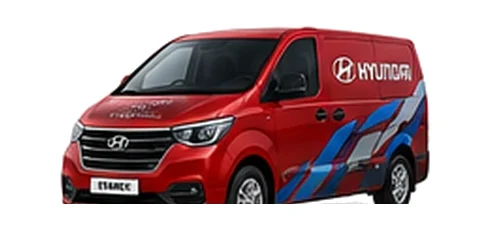 Hyundai Starex Panel Van in red with custom van vinyl graphics, front three-quarter view.