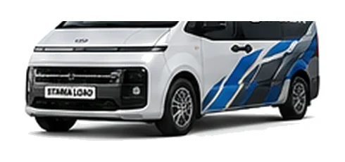 Hyundai Staria Load in white with custom van vinyl graphics, front three-quarter view.