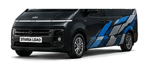 Hyundai Staria Load in black with custom van vinyl graphics, front three-quarter view.
