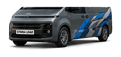 Hyundai Staria Load in grey with custom van vinyl graphics, front three-quarter view.