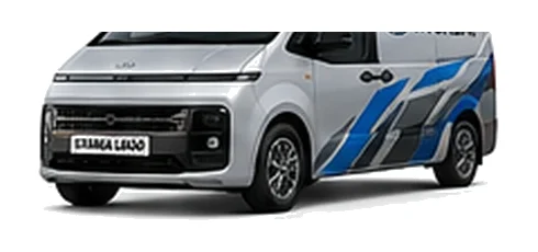 Hyundai Staria Load in silver with custom van vinyl graphics, front three-quarter view.