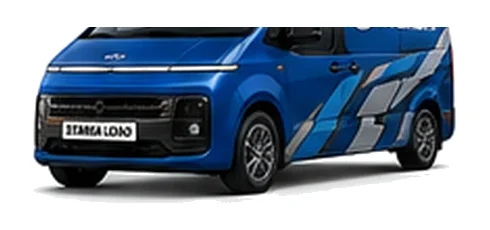 Hyundai Staria Load in blue with custom van vinyl graphics, front three-quarter view.
