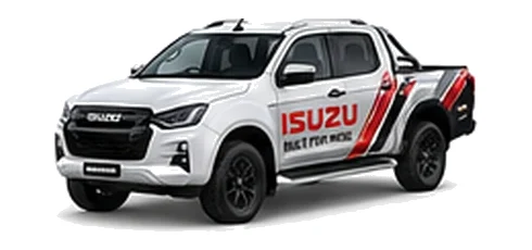Isuzu D-Max Double Cab in white with custom van vinyl graphics, front three-quarter view.