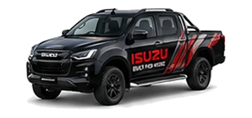 Isuzu D-Max Double Cab in black with custom van vinyl graphics, front three-quarter view.