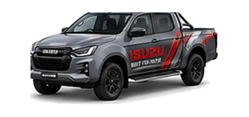 Isuzu D-Max Double Cab in grey with custom van vinyl graphics, front three-quarter view.