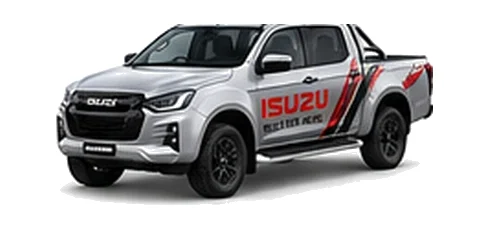 Isuzu D-Max Double Cab in silver with custom van vinyl graphics, front three-quarter view.