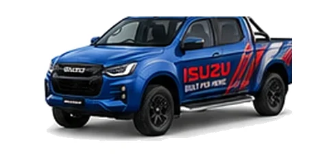 Isuzu D-Max Double Cab in blue with custom van vinyl graphics, front three-quarter view.