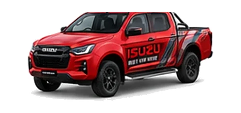 Isuzu D-Max Double Cab in red with custom van vinyl graphics, front three-quarter view.