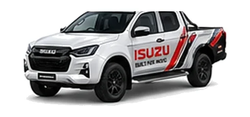 Isuzu D-Max Extended Cab in white with custom van vinyl graphics, front three-quarter view.