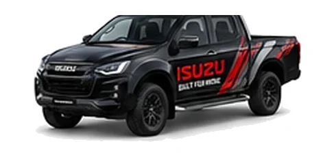 Isuzu D-Max Extended Cab in black with custom van vinyl graphics, front three-quarter view.