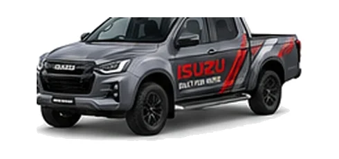 Isuzu D-Max Extended Cab in grey with custom van vinyl graphics, front three-quarter view.