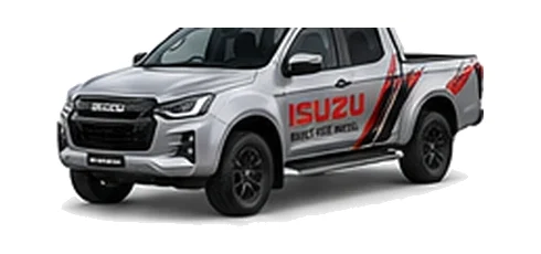 Isuzu D-Max Extended Cab in silver with custom van vinyl graphics, front three-quarter view.