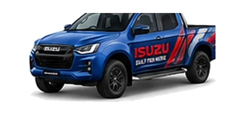 Isuzu D-Max Extended Cab in blue with custom van vinyl graphics, front three-quarter view.