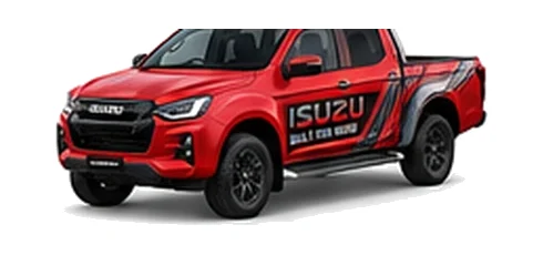 Isuzu D-Max Extended Cab in red with custom van vinyl graphics, front three-quarter view.