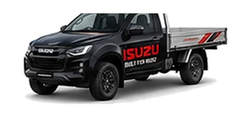 Isuzu D-Max Single Cab in black with custom van vinyl graphics, front three-quarter view.