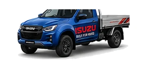 Isuzu D-Max Single Cab in blue with custom van vinyl graphics, front three-quarter view.