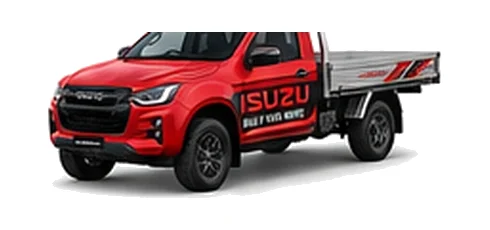 Isuzu D-Max Single Cab in red with custom van vinyl graphics, front three-quarter view.