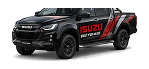 Isuzu D-Max Utility in black with custom van vinyl graphics, front three-quarter view.