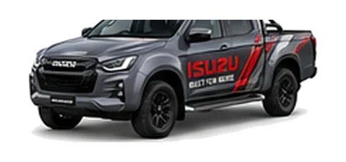 Isuzu D-Max Utility in grey with custom van vinyl graphics, front three-quarter view.