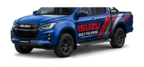 Isuzu D-Max Utility in blue with custom van vinyl graphics, front three-quarter view.
