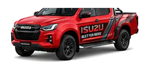Isuzu D-Max Utility in red with custom van vinyl graphics, front three-quarter view.