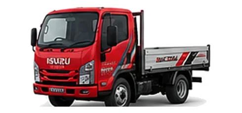Isuzu Grafter in red with custom van vinyl graphics, front three-quarter view.